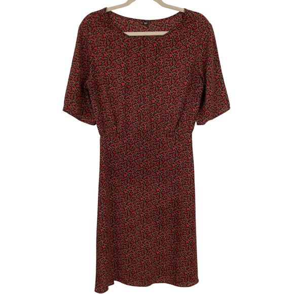 Uniqlo Womens XS Black & Red Ditsy Floral Midi Dress Fairy Grunge Whimsigoth - Picture 1 of 9